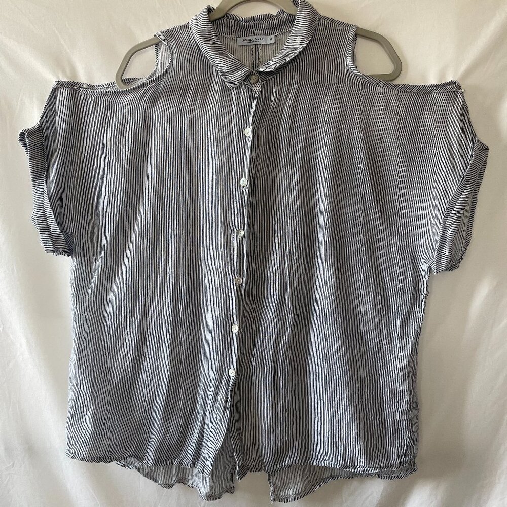 Angela Mara Womens Blue Cold Shoulder Striped Collared Button Up Shirt Size M